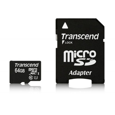 TRANSCEND MicroSDXC karta 64GB Premium, Class 10 UHS-I 400x (R:85/W:35 MB/s) + adaptér