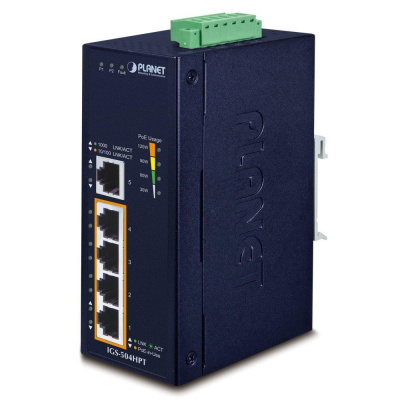 Planet switch IGS-504HPT, průmysl.verze 5xGbE, DIN, 4xPoE+, IP40, -40 až 75°C, 12-56V