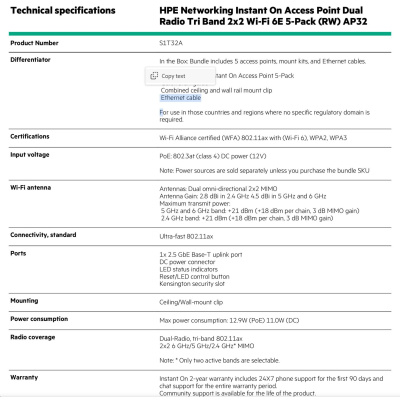 HPE Networking Instant On Access Point Dual Radio Tri Band 2x2 Wi-Fi 6E 5-Pack (RW) AP32