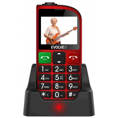 EVOLVEO EasyPhone FM, mobilní telefon pro seniory s nabíjecím stojánkem (červená barva)