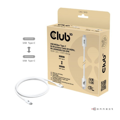 Club3D Kabel USB4 Typ-C, 80Gbps, Certifikovaný kabel, 4K540Hz, 8K240Hz, 16K60Hz, PD 240W, 1.2m, bílá